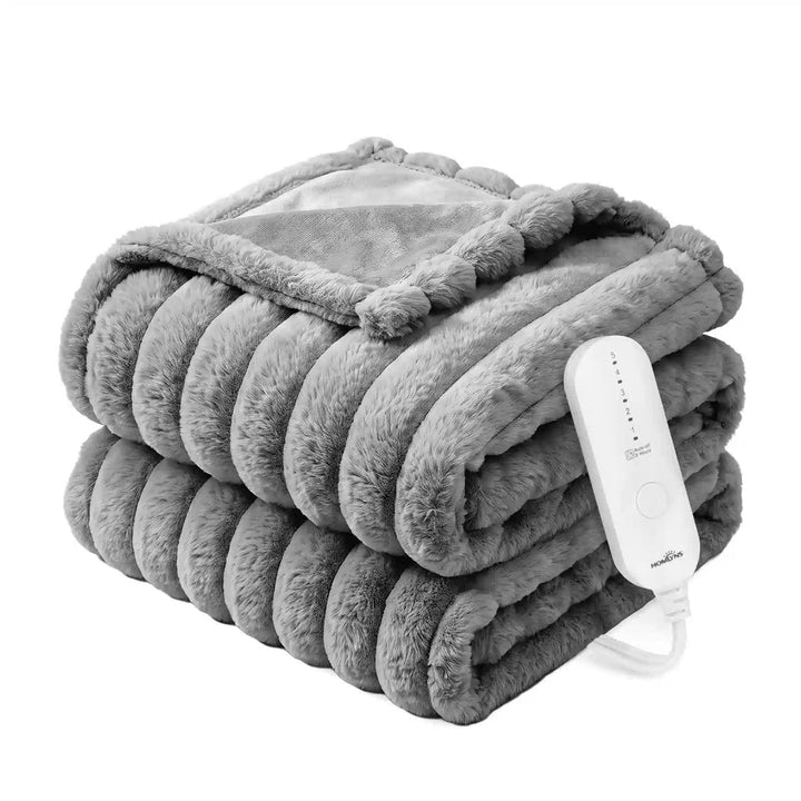 Grey Faux Fur Heated Throw Blanket