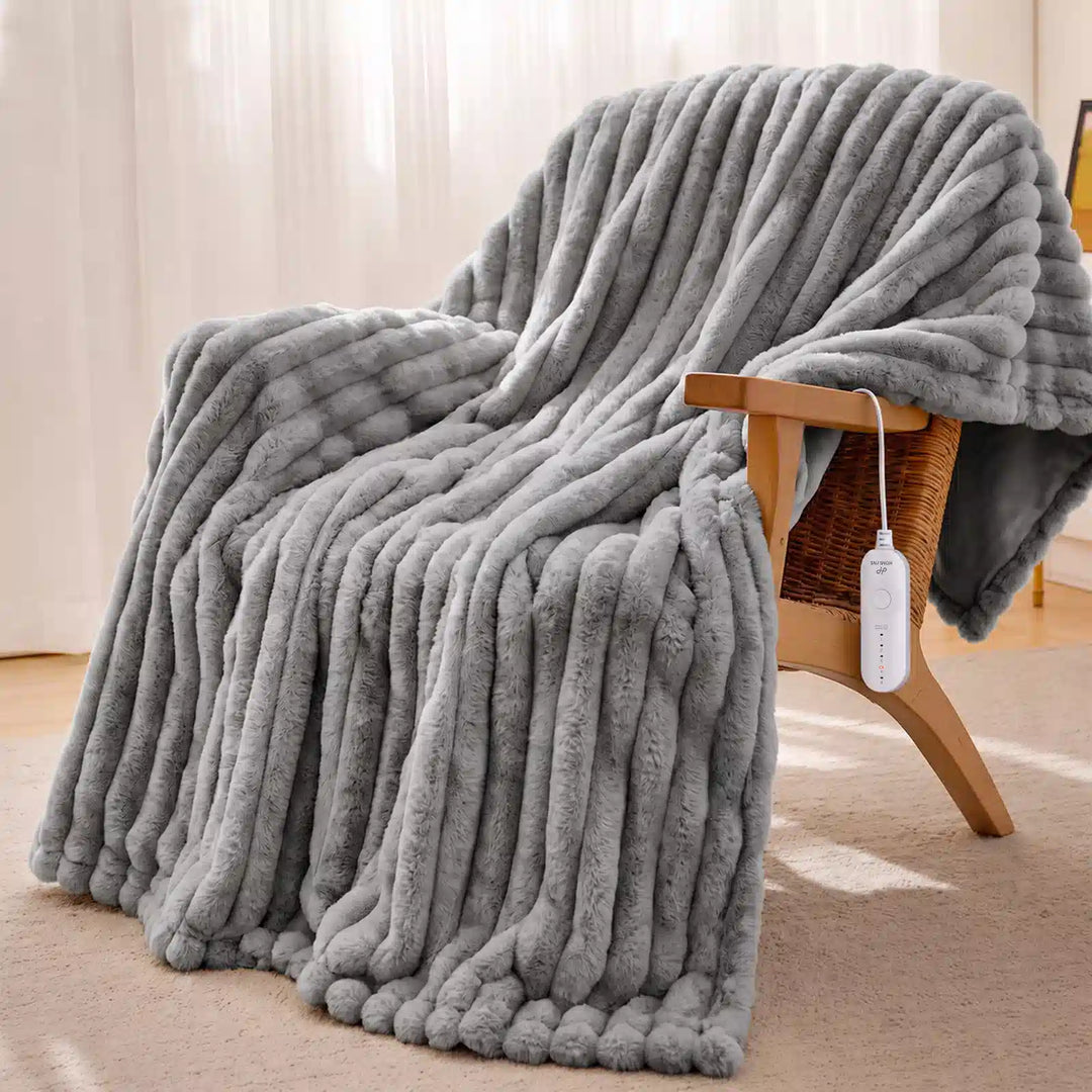 Grey Faux Fur Heated Throw Blanket