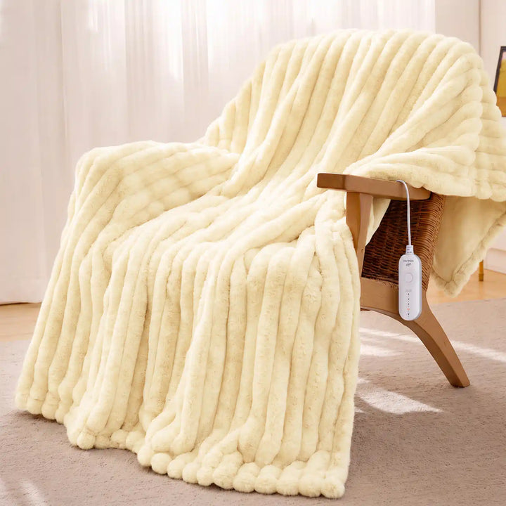 Ribbed Faux Fur Heated Throw Blanket