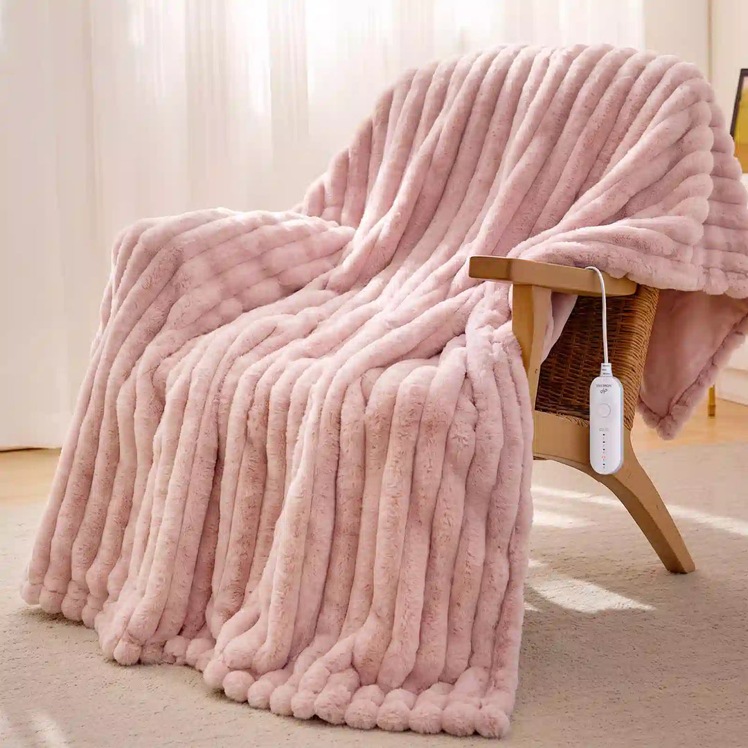 Ribbed Faux Fur Heated Throw Blanket
