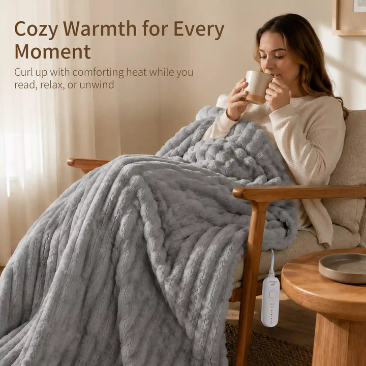 Grey Faux Fur Heated Throw Blanket