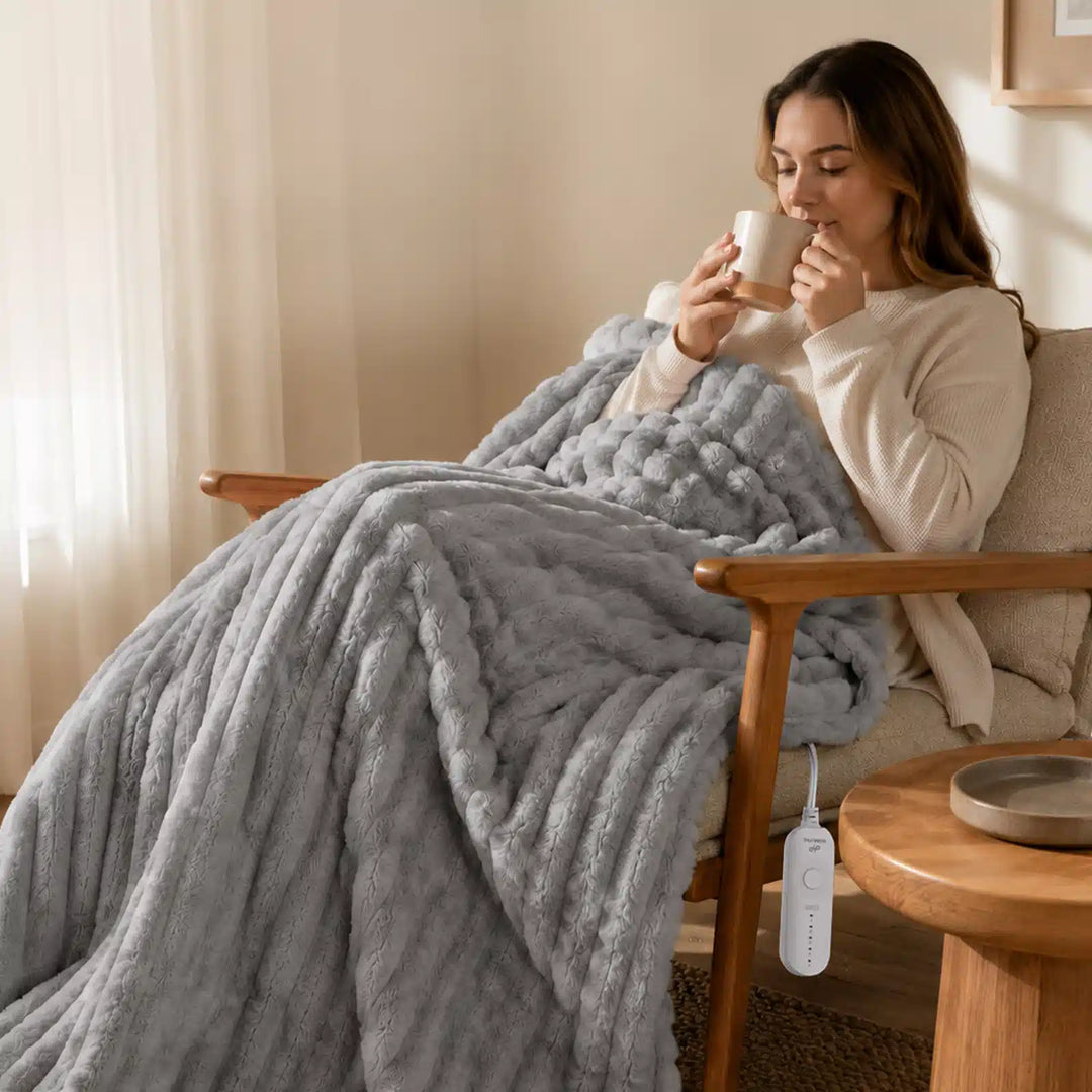 Ribbed Faux Fur Heated Throw Blanket