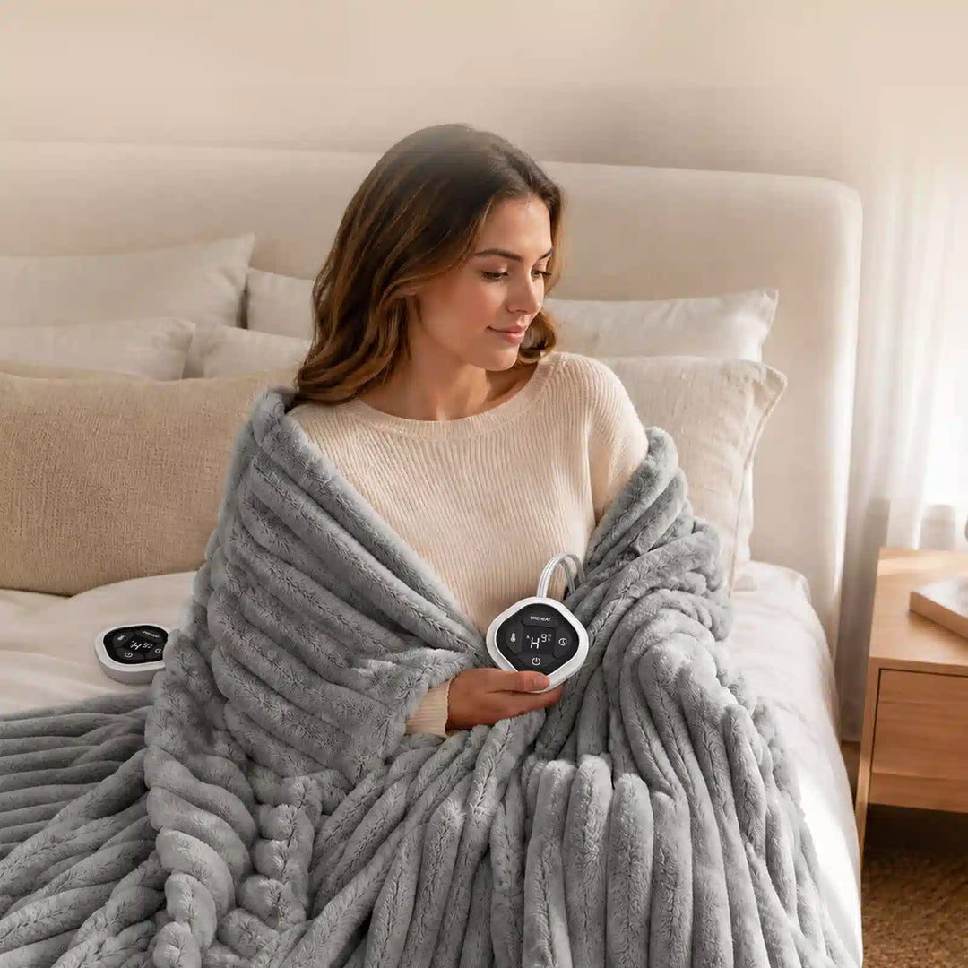 Ribbed Faux Fur Heated Bed Blanket