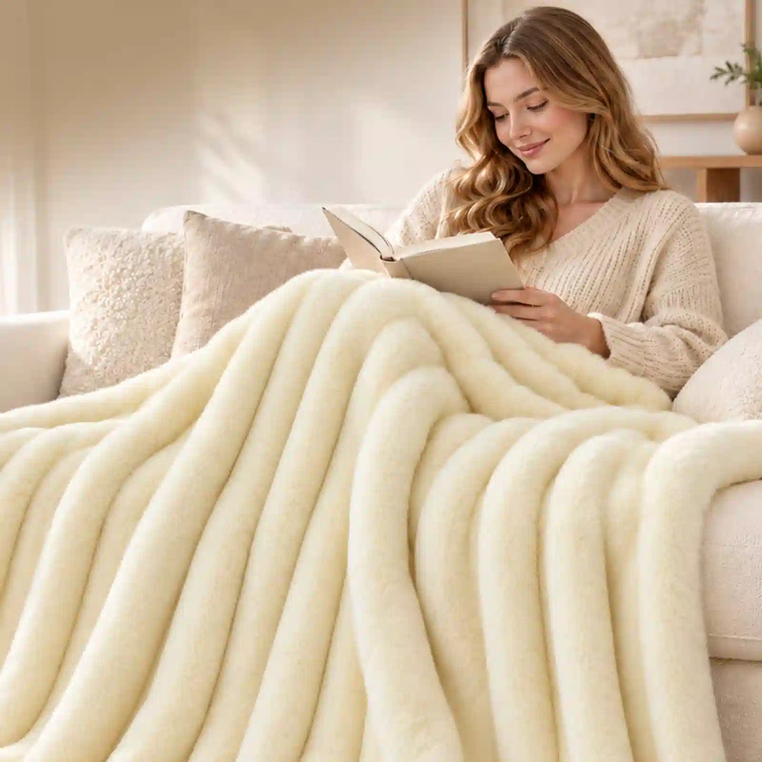 Ribbed Faux Fur Throw Blanket for Couch, Non-Heated