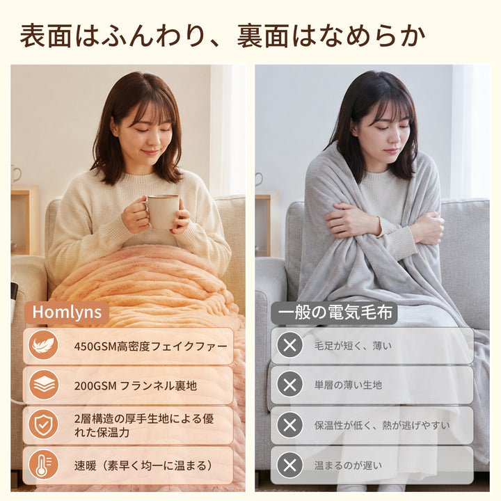700g厚手 電気毛布 掛け敷き兼用｜フェイクファー×フランネル｜9段階温度調節