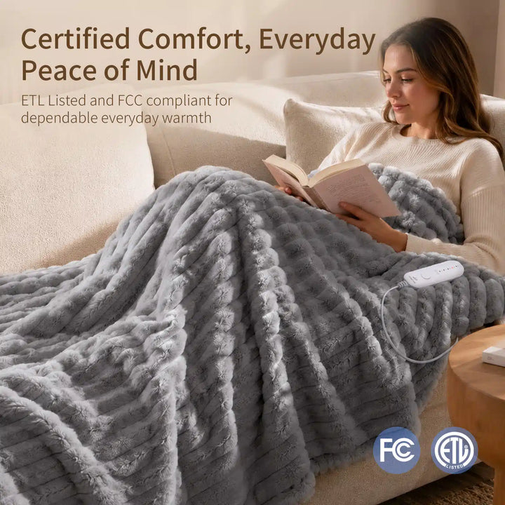 Grey Faux Fur Heated Throw Blanket