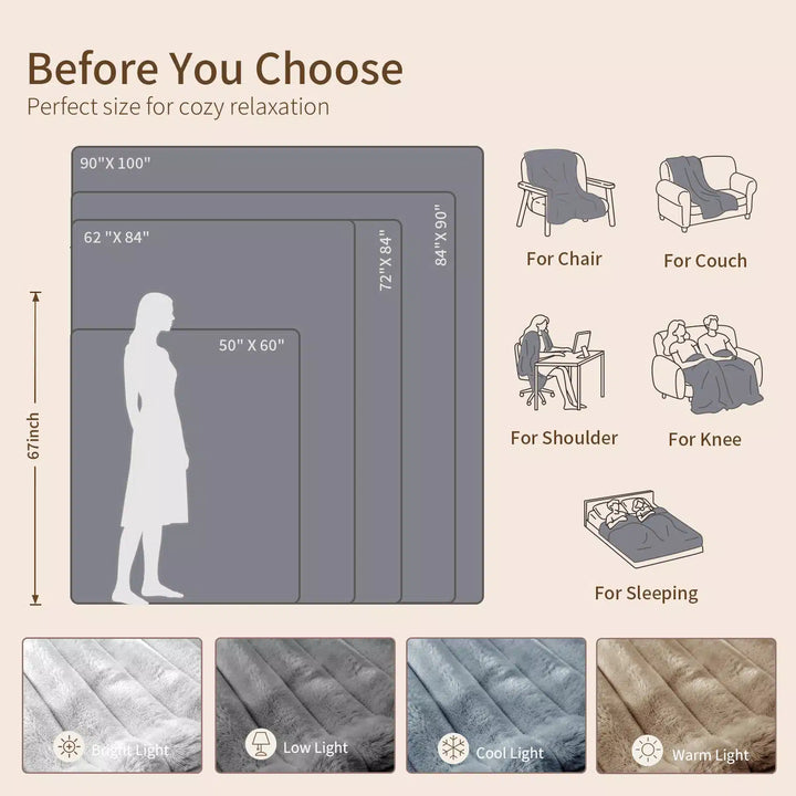 Grey Faux Fur Heated Throw Blanket