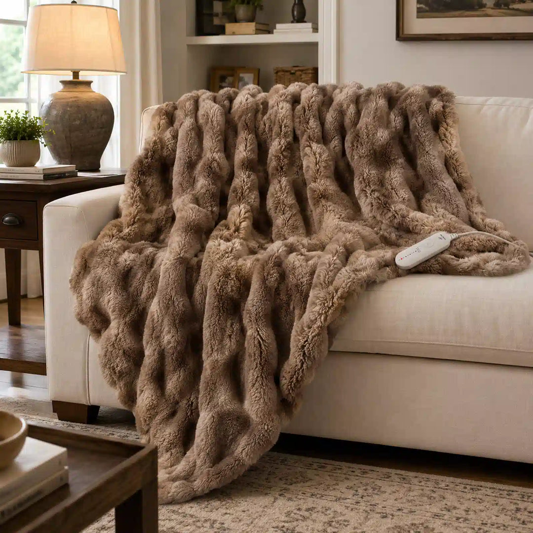 Tie-Dye Brown Faux Fur Heated Throw Blanket