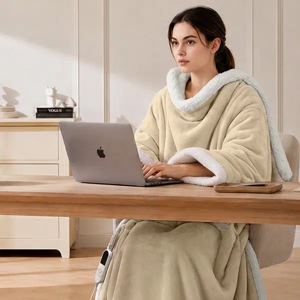 A woman sits at a wooden desk wearing an electric heated wearable blanket, using a silver laptop in a bright, modern room.
