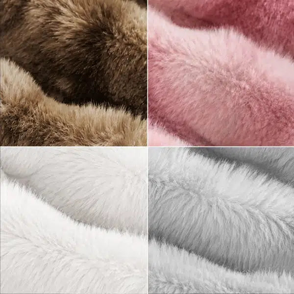 Four-panel close-up collage of plush faux fur fabric in different colors: dark brown, dusty pink, white, and light gray.