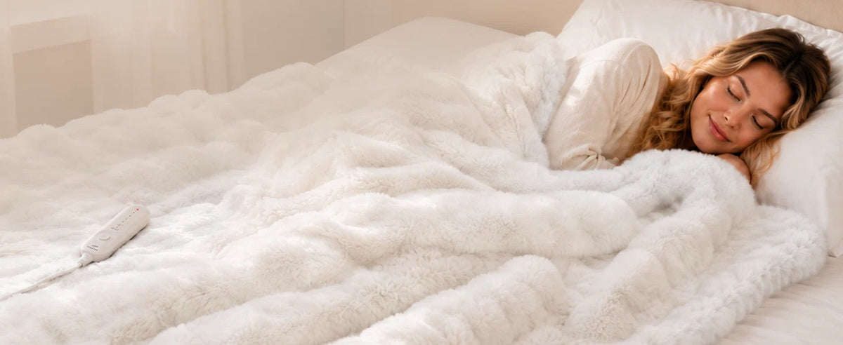A woman sleeping soundly under a fluffy white blanket on a bed, with a white remote control visible on the blanket.