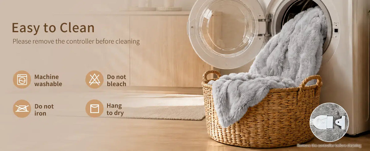 A gray plush ribbed heated blanket draped over a woven wicker laundry basket next to an open front-loading washing machine.